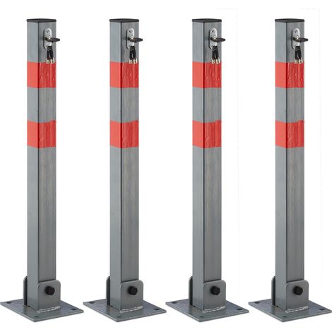 4 x Absperrpfosten eckig, Parkplatzsperre klappbar, mit Warnstreifen, 3 Schlüssel, HxBxT: 65 x 15 x 13 cm, anthrazit-rot