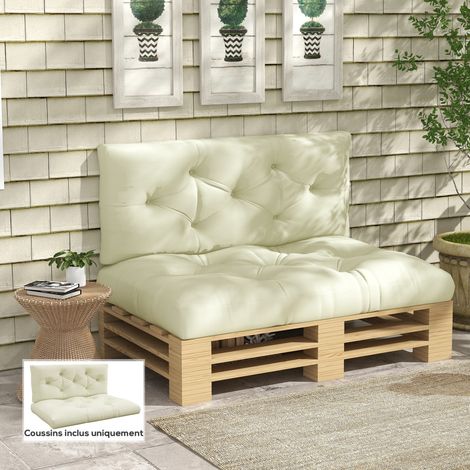 Ensemble de 2 coussins pour canapé palette 2 places, dimensions : 120 cm (longueur) x 80 cm (largeur) x 12 cm (hauteur), en polyester couleur crème. (1/5)