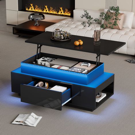 Mesa de centro elevable 96x45x40 cm de madera negra con almacenamiento FLORAGRACE (1/5)
