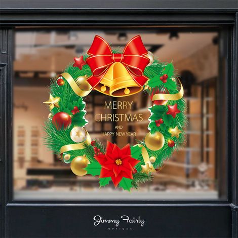 Lot de 2 décorations de Noël adhésives pour fenêtre avec nœud rouge, clochettes dorées et poinsettia, « Joyeux Noël et Bonne Année », autocollant pour porte/fenêtre vitrée, décoration de Noël