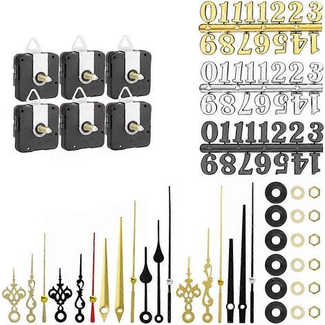 Kit de mécanisme d'horloge murale à quartz DIY 6 pièces 22 mm avec 8 paires d'aiguilles différentes et 6 chiffres. (1/5)