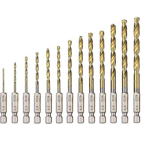 Forets hélicoïdaux HSS (acier rapide) revêtus de titane, lot de 13, diamètres : 1,5 mm à 6,5 mm, pour le perçage du bois, du métal et du plastique. (1/5)