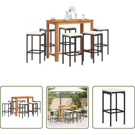 Tabouret de bar - Ensemble de bar de jardin 7 pcs noir bois massif acacia rotin (1/5)