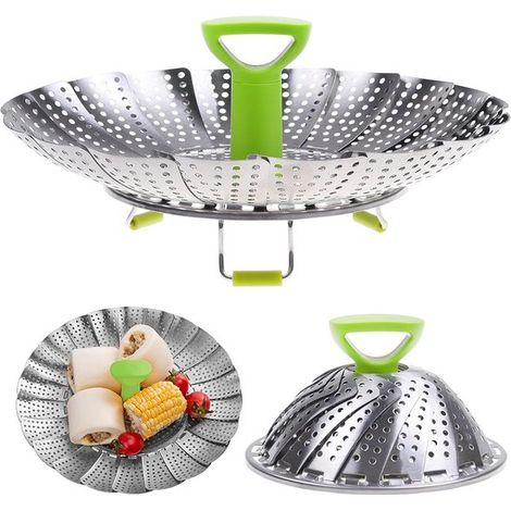 1 panier vapeur réglable en acier inoxydable, diamètre 13 à 23 cm, poignée centrale et pieds pliables, pour casseroles, pots et autocuiseurs (1/5)