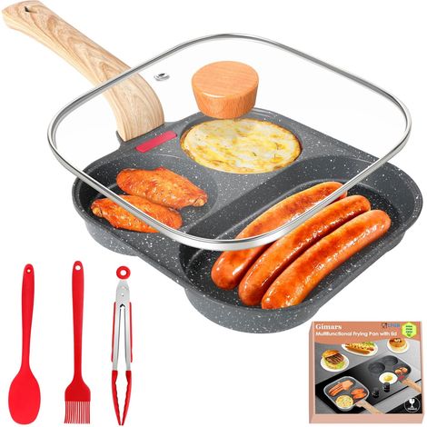 1 Poêle 3 Emplacements Aluminium Antiadhésif,Couvercle,Spatule,Brosse,Pince,Induction,Petit-déjeuner (1/5)