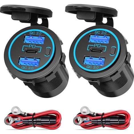 USB 12 V Sockets: Type-C PD Car Socket with Switch 3 Ports Cigarette Lighter Adapter for Motorcycle, Boat, Truck, Caravan, Motorhome (3-USB) (1/5)