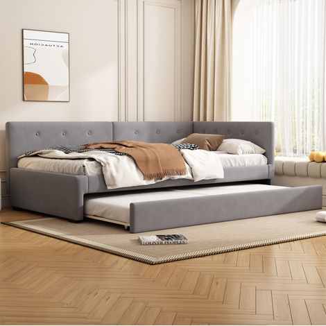 Lit de jour minimaliste 90x200 cm en velours gris avec tête de lit, sommier à lattes et lit gigogne (1/5)