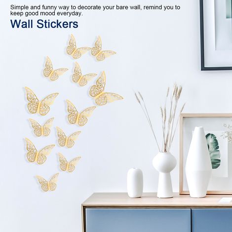 Lot de 12 stickers muraux papillons 3D ajourés, texture métal, pour salon, chambre ou décoration intérieure. (1/5)