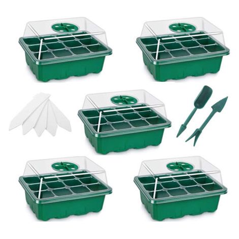 5er-Pack Grüne Mini-Anzuchtschalen, Saatschalen-Gewächshaus für Gemüsegarten zum Anpflanzen von Sämlingen, 12 Löcher mit Pflanzwerkzeugen und Pflanzenetiketten (1/5)