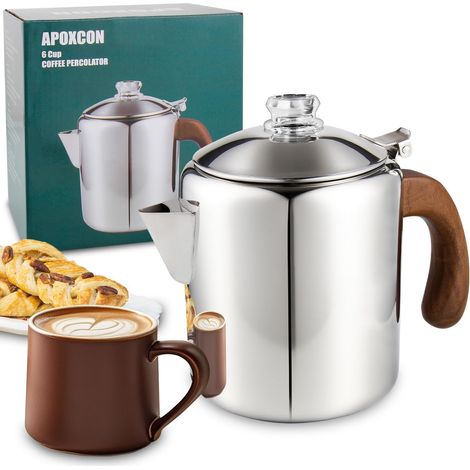 Percolateur à café en acier inoxydable avec poignée en bois massif ignifuge et bouton de progression en verre transparent résistant pour le camping, utilisation sur n'importe quelle cuisinière (1/5)