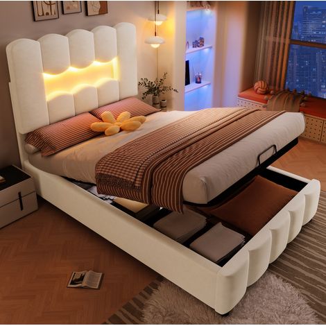 Cama tapizada 90/200 cm beige de terciopelo con LED y arcón hidráulico (1/5)