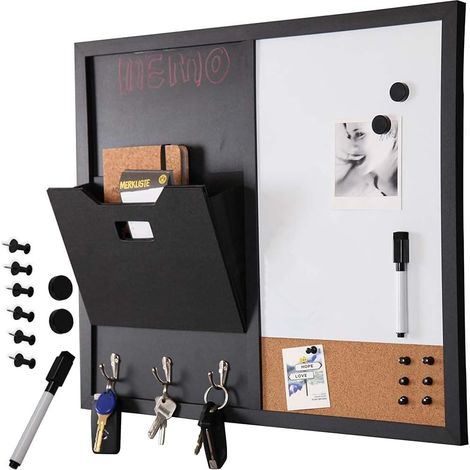 Tableau magnétique avec tableau mémo en liège combiné 60 x 40 cm cadre bois avec compartiment porte-documents 3 crochets porte-clés marqueur aimants et 6 punaises design moderne maison bureau (1/5)