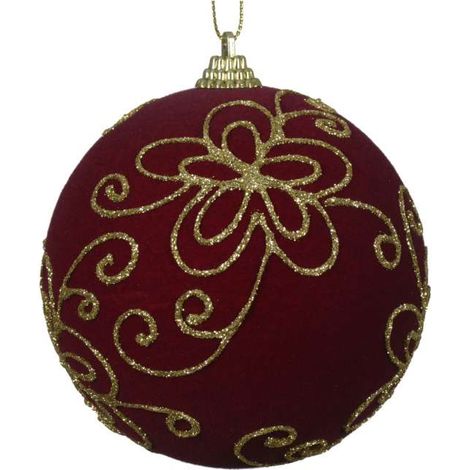 Decoris Pallina di Natale Velluto Bordeaux 10 cm Decorata Oro
