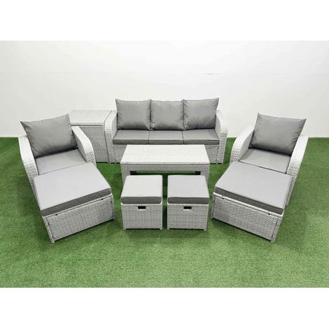 Fimous PE Wicker Rattan Furniture Sofa Sets with Oblong Coffee Table 3 Seater Sofa 4 Stools Side Table Light Grey Mixed (1/4)