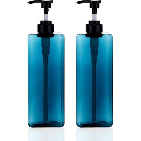 Set mit 2 leeren, nachfüllbaren, quadratischen Kunststoff-Spendern (1000 ml Fassungsvermögen) für Seife, Lotion oder Shampoo. Farbe: Ozeanblau. (1/5)