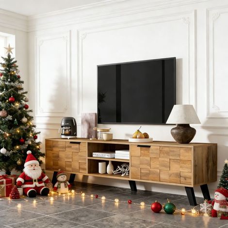 Mueble de TV - Escandinavo - 2 puertas y 2 compartimentos abiertos - mueble de salón - 160 x 35 x 45 cm - Madera natural