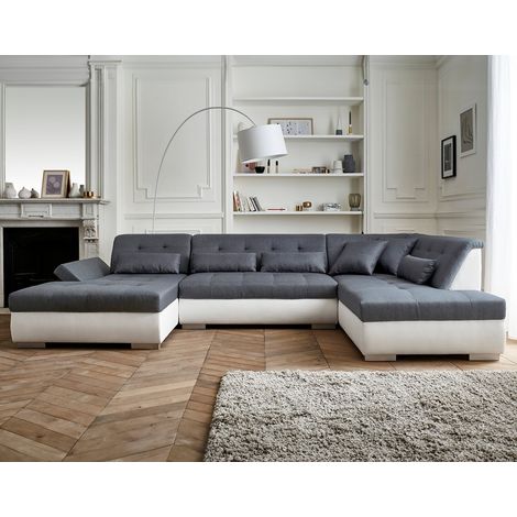 Lisa Design – Canapé d'angle panoramique 7 places – Structure bois – Revêtement tissu 100% polyester – Accoudoirs réglables – Dimensions L335xH77xP197 cm