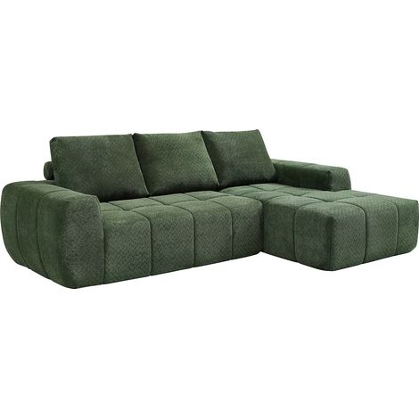 Canapé d'angle droit compressé en tissu texturé vert CLAREFO (1/5)