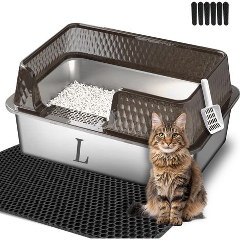 bac à litière pour Chat en Acier Inoxydable avec Couvercle et Pelle pour Toilettes pour Chats High Edge XL Facile à Nettoyer Grand bac à litière pour Chat (L, Noir) (1/5)
