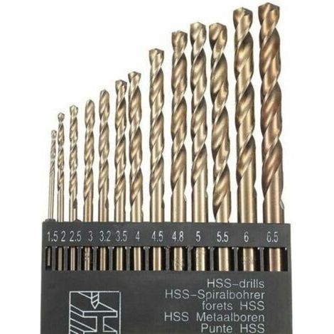 Set di 13 punte elicoidali HSS M35 in acciaio rapido al cobalto dorato, adatte per trapani metrici ad alta velocità, da 1,5 mm a 6,5 mm, per forare acciaio inossidabile e altri metalli.