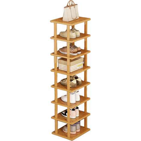 FIANAO – Vertikales Schuhregal mit 8 Ebenen – Schmaler Schuhständer in Holzoptik, platzsparend, freistehend, werkzeuglose Montage, für Eingangsbereich & Schrank, 23 × 25 × 134 cm, Holzfarben (1/5)