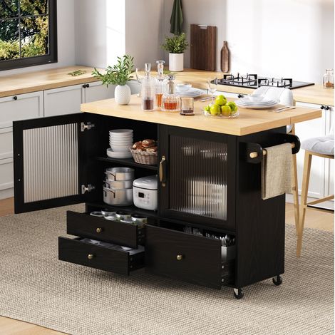 Isla de cocina 100 x 42-70 x 91,5 cm negro/natural con encimera abatible, almacenaje y portacopas (1/5)