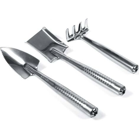 UlisemLot de 3 mini pelles et râteaux en plastique et acier inoxydable, outil de jardinage, jouet de jardinage (acier inoxydable)