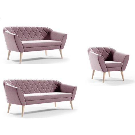 SOFELLO KAYA Samt Wohnzimmerset – 3-Sitzer + 2-Sitzer + Sessel Altrosa Velvet Skandinavisches Design Holzfüße Couchgarnituren (1/5)