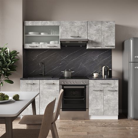 Mueble de cocina R-Line, Hormigón/Blanco, 200 cm sin encimera, Vicco