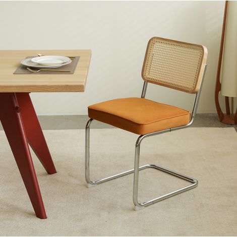 Chaise de salle a manger en rotin, velours orange, structure chromee, empilable (1/5)