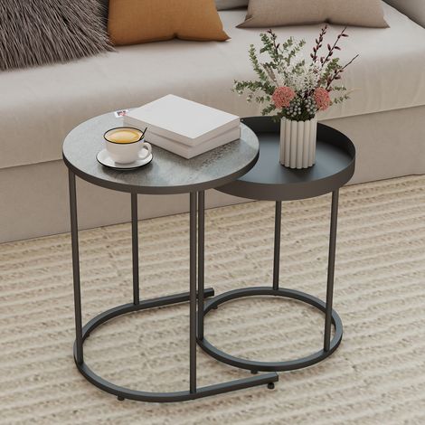Ensemble de 2 tables de salon - coulissantes l’une dans l’autre - design en plateau - métal - gris - Idéal