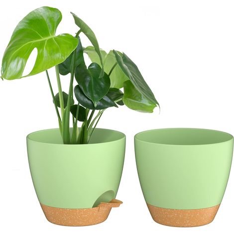 Lot de 2 pots de fleurs, 20 cm, avec lèvre d'irrigation, trous de drainage et soucoupe amovible, en plastique pour l'intérieur et l'extérieur, vert