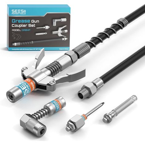 Kit Accessoires Pompe a Graisse, Raccord Rapide et Adaptateur 90° Tuyau flexible 30 cm et 2 embouts pour atteindre les points de graissage étroits des voitures, tracteurs et machines. (1/5)
