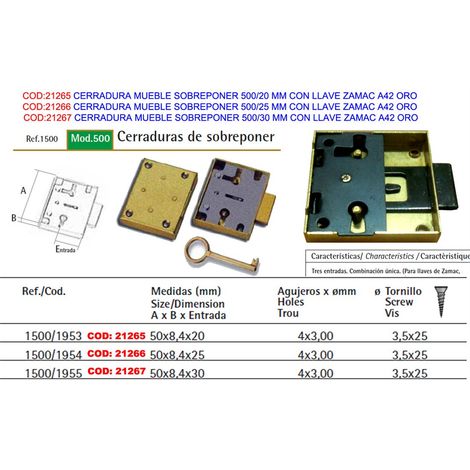 Serratura da sovrapposizione per mobile 500/30 mm con chiave in zama A42 oro