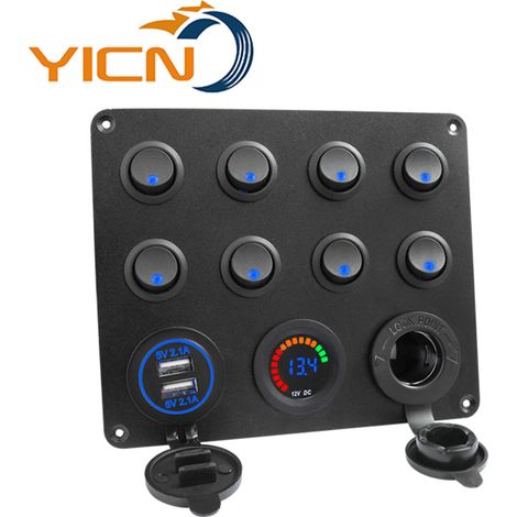 Prise de charge double USB 4,2 A + prise de courant 12 V + voltmètre LED + panneau multifonctions à 8 interrupteurs marche/arrêt (1/5)