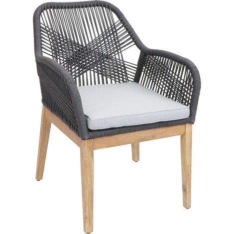 Gartenstuhl HHG-678b, Sessel Outdoor Stuhl, wetterfest Seilgeflecht Rope Holz Akazie dunkelgrau Kissen hellgrau