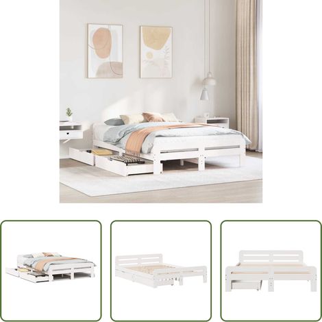 vidaXL Tiroir sous lit - Cadre de lit sans matelas blanc 150x200 cm bois de pin massif (1/5)