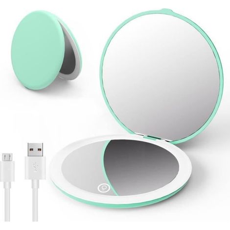 Miroir de Voyage avec Lumière LED, Rechargeable 1x/10x Miroir Grossissant Compact de Poche - Cyan (1/4)
