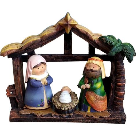 Weihnachtskrippe mit Figuren der Heiligen Familie und weihnachtlicher Tischdekoration (1/5)