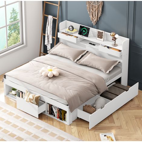 Cama 140x200 cm madera y MDF blanca con USB y cajones, ahorra espacio, sin colchón – MEUBLIV (1/5)