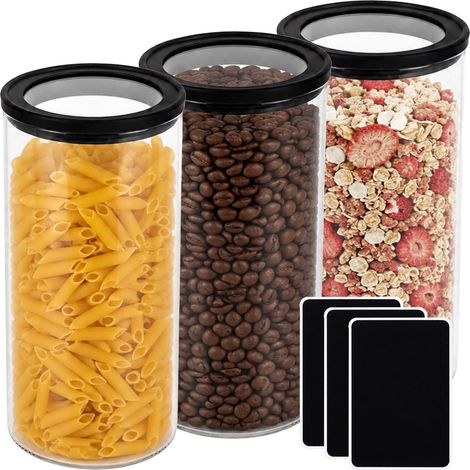 Relaxdays glass storage jars, set of 3, 1200 ml each, airtight lids, labels, kitchen, transparent/black