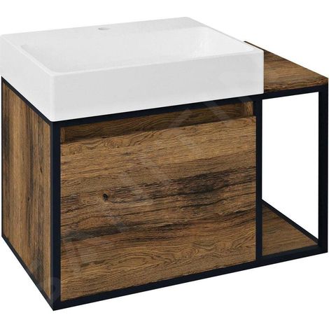 SKARA meuble sous-vasque 80x49,5x46,5cm, noir mat/chêne Collingwood (1/5)