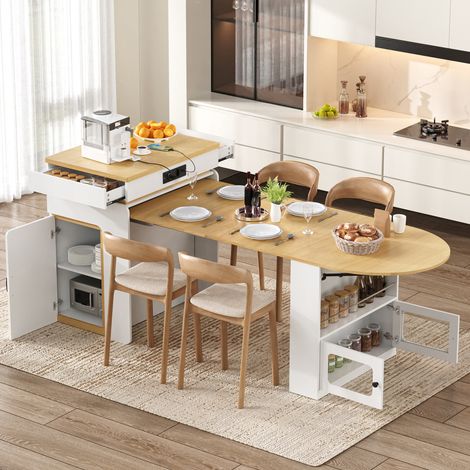 Kücheninsel mit Rollen, Ausziehbarer Esstisch mit Steckdosenleisten und LED-Beleuchtung, Anrichte mit Schubladen, dient als Kücheninsel, Sideboard oder Bartisch für Küche und Esszimmer (Weiß) (1/5)