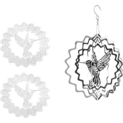 Lot de 2 coupe-vent 3D en acier inoxydable avec colibri et mandala – Décoration de jardin hypnotique, métal réfléchissant avec roulements pivotants