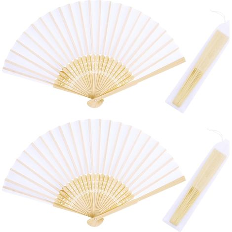 Lot de 2 éventails, soie blanche, cadre bambou, pliable, danse, mariage, décoration