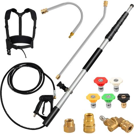 COSTWAY Vara Telescópica de 550 CM para Hidrolavadoras, Kit de Extensión de Grado Comercial de 4000PSI/281kgf/cm² con 5 Boquillas de Rociado, 2 Adaptadores, Acoplador Giratorio y Arnés de Soporte (1/5)