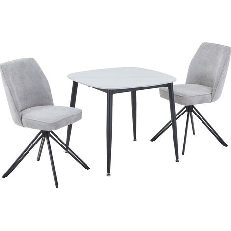 Aspen Gloss White Sintered Stone Square Table & 2 Light Grey Swivel Dining Chairs - Metal/Fabric - L69 x W46 x H92 cm