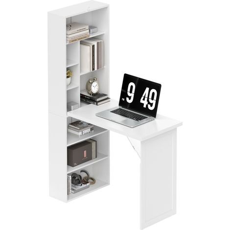 Bureau d'ordinateur pliable avec bibliothèque et étagère réglable, tableau blanc, 98x51x153 cm, blanc