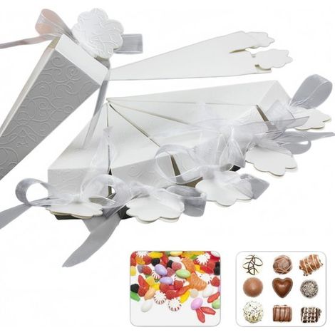 100 scatoline/contenitori regalo bianchi a forma di cono per coriandoli/petali. Coni con nastri. Nastri bianchi in rilievo per matrimoni, compleanni, ecc. (1/5)