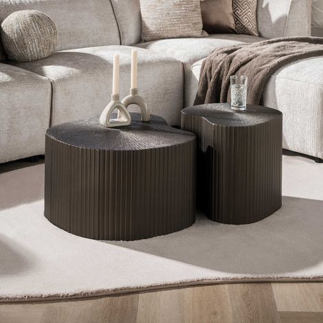 Lot de 2 tables basses organiques 45 et 65 cm décor aspect métal brun (1/5)